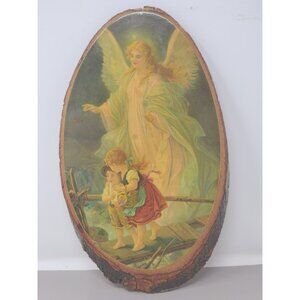 Vintage Guardian Angel Rustic‎ Wood Slab/Bark Stamped Warbonnet Zoo WI